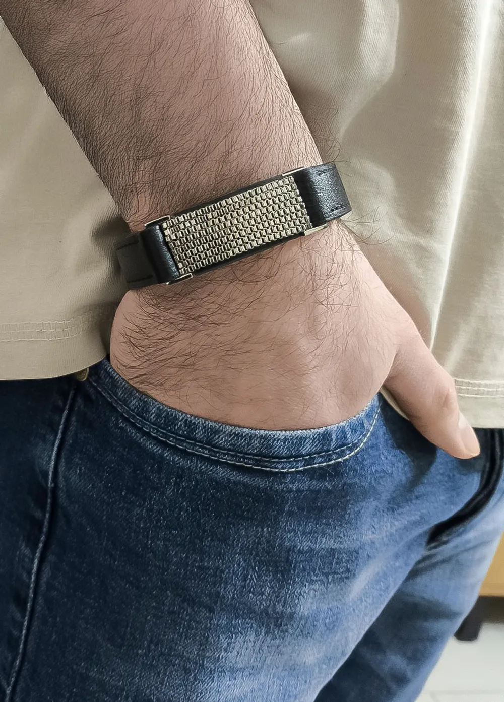 Ανδρικό βραχιόλι με δέρμα & ανοξείδωτο ατσάλι, 21,5 εκατοστά,TRIBUTE,0230366301