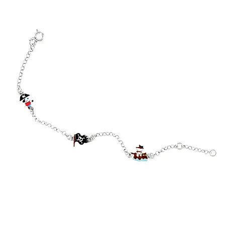 woofie, ασημένιο παιδικό βραχιόλι για αγόρια με σμάλτο, πειρατή, πειρατικό πλοίο, πειρατική σημαία & άσπρο επιπλατίνωμα