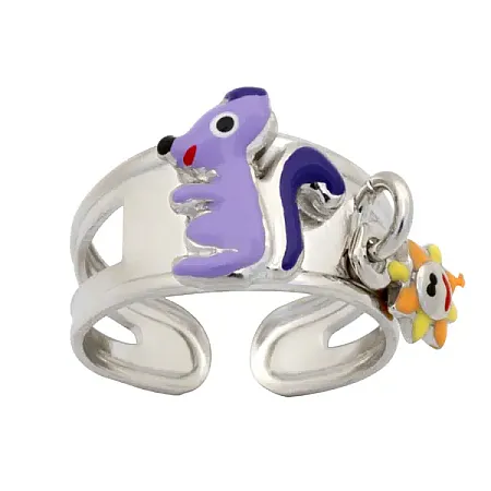 Woofie, Ασημένιο Παιδικό Δαχτυλίδι για κορίτσια, με σμάλτο, σκίουρο, κρεμαστό αστεράκι & άσπρο επιπλατίνωμα