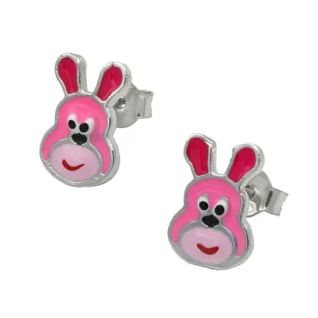 Woofie, Ασημένια, Παιδικά Σκουλαρίκια για κορίτσια, με λαγουδάκια, σμάλτο & άσπρο επιπλατίνωμα