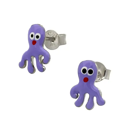 Woofie, Ασημένια, Παιδικά Σκουλαρίκια για κορίτσια, με χταπόδια, σμάλτο & άσπρο επιπλατίνωμα