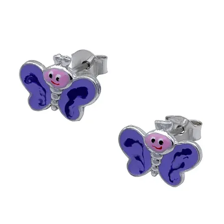 Woofie, Ασημένια, Παιδικά Σκουλαρίκια για κορίτσια, με πεταλούδες, σμάλτο & άσπρο επιπλατίνωμα