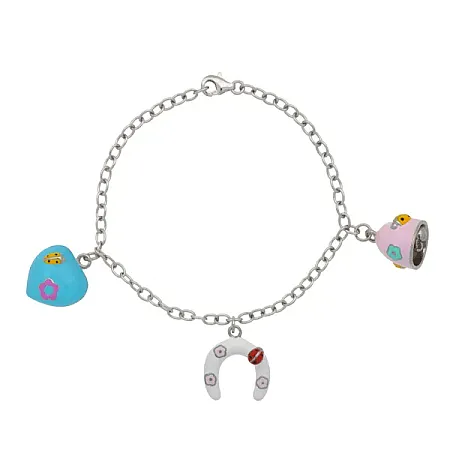 woofie, ασημένιο, παιδικό βραχιόλι για κορίτσια ,με σμάλτο, άσπρο επιπλατίνωμα, καρδιά, πέταλο, κουδούνι, & πασχαλίτσα