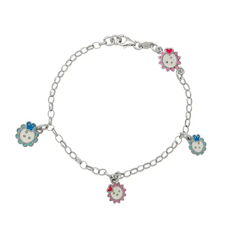 woofie, ασημένιο, παιδικό βραχιόλι για κορίτσια ,με σμάλτο, άσπρο επιπλατίνωμα, λουλούδια & καρδιές