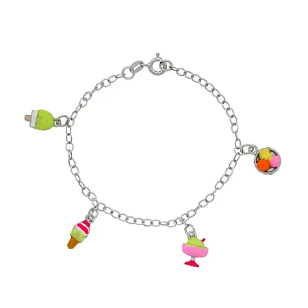 woofie, ασημένιο παιδικό βραχιόλι για κορίτσια με κρεμαστά στοιχεία παγωτά, σμάλτο και άσπρο επιπλατίνωμα