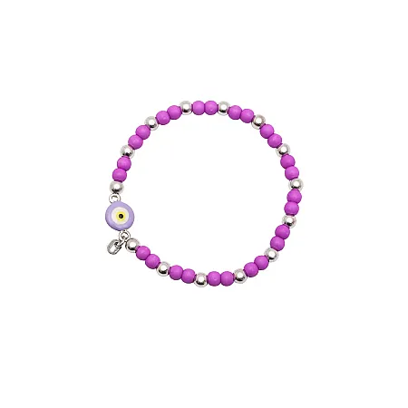 woofie, ασημένιο, παιδικό βραχιόλι για κορίτσια με μωβ συνθετικές χάντρες, σμάλτο, μάτι βασκανίας και άσπρο επιπλατίνωμα