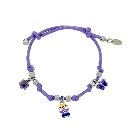 woofie, ασημένιο, παιδικό, βραχιόλι για κορίτσια με κρεμαστά στοιχεία απά σμάλτο: κοριτσάκι, πεταλούδα, λουλούδι- με βαμβακερό μωβ κορδόνι που αυξομειώνεται και άσπρο επιπλατίνωμα