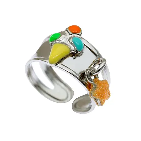 woofie ΑσημένιοΠαιδικό Δαχτυλίδι για κορίτσια με παγωτό χωνάκι, κρεμαστό λουλούδι, σμάλτο & άσπρο επιπλατίνωμα, 0430544803,