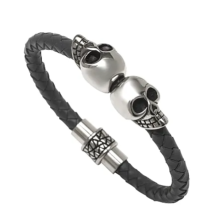 TRIBUTE, Ανδρικό Βραχιόλι  από ανοξείδωτο ατσάλι με γκρι αδιάβροχο δέρμα, νεκροκεφαλές & κούμπωμα με μαγνήτη, 7 εκατοστά η εσωτερική διάμετρος