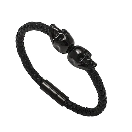TRIBUTE, Ανδρικό Βραχιόλι από ανοξείδωτο ατσάλι με νεκροκεφαλές,  μαύρο αδιάβροχο δέρμα, μαύρο ρόδιο & κούμπωμα με μαγνήτη, 7 εκατοστά εσωτερική διάμετρος