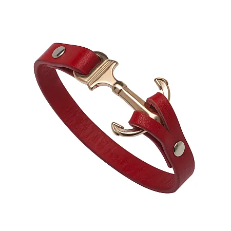 TRIBUTE, Ανδρικό Βραχιόλι από ανοξείδωτο ατσάλι,  με κόκκινο δέρμα, ροζ επιχρύσωμα και άγκυρα, 22,3 εκατοστά με το κούμπωμα