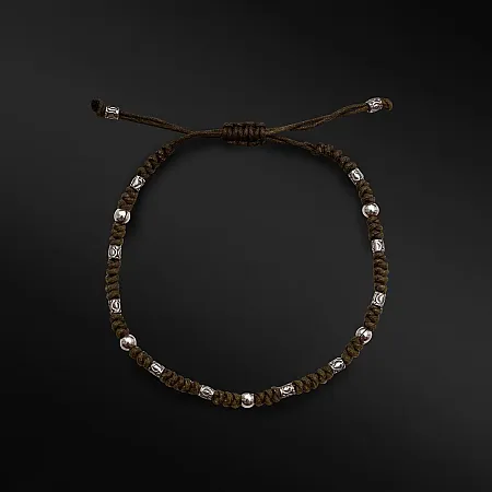 TRIBUTE, 925, ασημένιο, αντικέ, αντρικό, βραχιόλι, μακραμέ με καφέ, βαμβακερό, κορδόνι