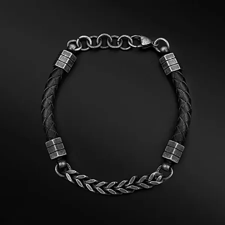Βραχιόλι, ανδρικό, από ανοξείδωτο ατσάλι, με δέρμα, οξειδωμένο, 20 εκατοστά συν 2,5 εκατοστά αλυσίδα επέκτασης, TRIBUTE