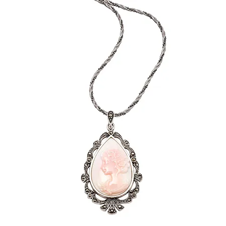 silverline, ασημένιο, γυναικείο, κολιέ, καμέο με ροζ φίλντισι & μαρκασίτες