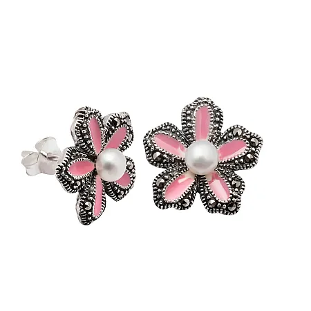 silverline, ασημένια, γυναικεία σκουλαρίκια με ροζ σμάλτο, μαργαριτάρια & μαρκασίτες