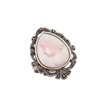 silverline, ασημένιο δαχτυλίδι γυναικείο με καμέο, ροζ φιλντισι & μαρκασίτες
