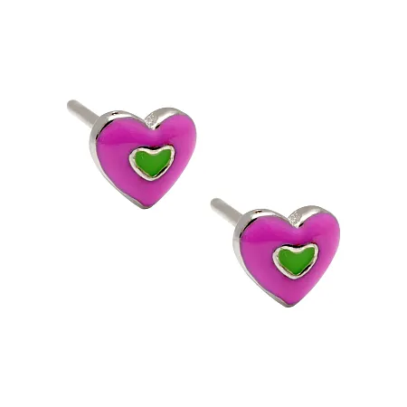 woofie ασημένια παιδικά σκουλαρίκια "καρδιές" με άσπρο επιπλατίνωμα και σμάλτο-0130547201