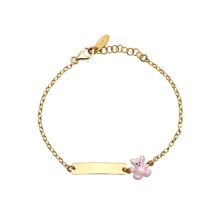 Βραχιόλι ,ασημένιο, παιδικό, για κορίτσια, ταυτότητα, με σμάλτο διπλής όψης & σχέδιο αρκουδάκι σε ροζ  χρώμα,  με κίτρινο επιχρύσωμα, 0230419201,
