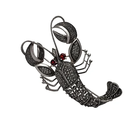 Καρφίτσα, ασημένια, γυναικεία, αστακός, με μαρκασίτες & ζιργκόν στο χρώμα γρανάδας, 7,2X4,5 εκατοστά, silverline,0730089401