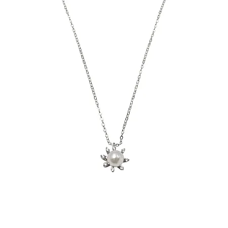 silverline, ασημένιο, γυναικείο κολιέ με λευκά ζιργκόν, άσπρο μαργαριτάρι & άσπρο επιπλατίνωμα