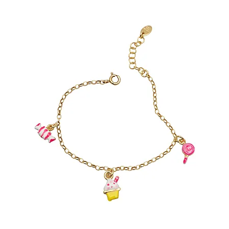 Woofie, ασημένιο, παιδικό, βραχιόλι, με σμάλτο ,κίτρινο επιχρύσωμα & κρεμαστά στοιχεία: παγωτό κυπελλάκι, καραμέλα & γλυφιτζούρι.
