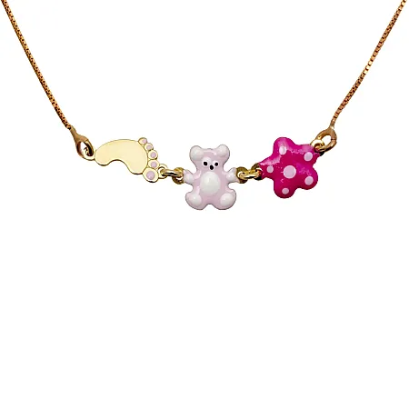 Woofie, ασημένιο, παιδικό, κολιέ, για κορίτσια, με σμάλτο, αρκουδάκι, πατούσα, λουλούδι, λευκό επιπλατίνωμα ή κίτρινο επιχρύσωμα