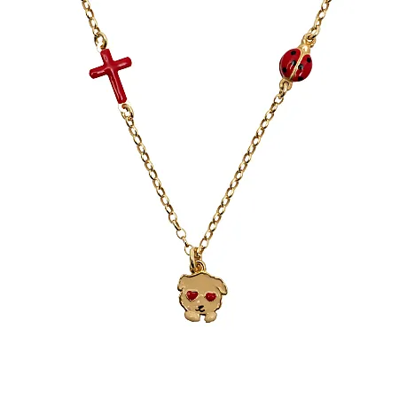 Woofie, ασημένιο, παιδικό, κολιέ, για κορίτσια, με σμάλτο, σταυρό, πασχαλίτσα, λευκό επιπλατίνωμα ή κίτρινο επιχρύσωμα.