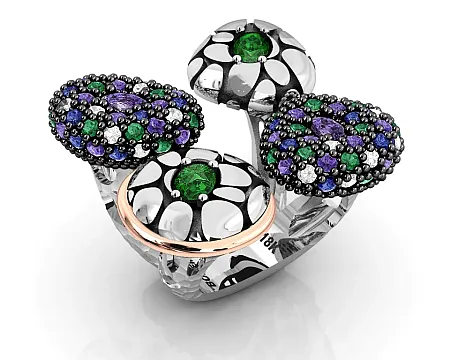 Δαχτυλίδι γυναικείο, ασημένιο, με φλούδα χρυσού Κ18, ζιργκόν, με μαύρο επιπλατίνωμα,silverline, 0430646401