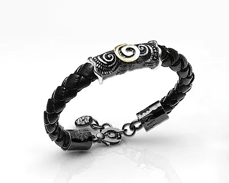 TRIBUTE,ασημένιο, unisex, βραχιόλι με μαύρο δέρμα, φλούδα, χρυσού, Κ18 και ασπρόμαυρο, επιπλατίνωμα