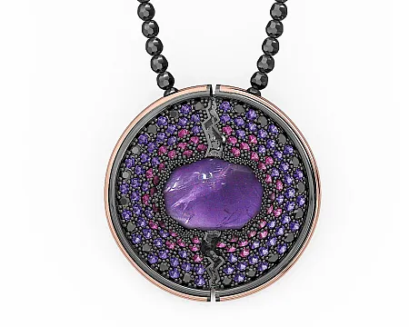 silverline,ασημένιο, γυναικείο, κολιέ με αμέθυστο, μαύρα, σπινέλια, βιολετί, ζιργκόν, φλούδα, χρυσού, Κ18 και μαύρο, επιπλατίνωμα