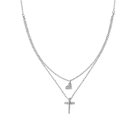 silverline, ασημένιο, γυναικείο, κολιέ με ζιργκόν, σταυρό, καρδιά, άσπρο, επιπλατίνωμα, 43+8Ext.Chain,