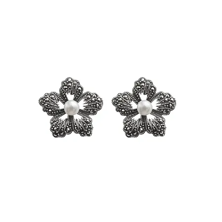 silverline,ασημένια, γυναικεία, σκουλαρίκια με λουλούδια, πέρλες, μαρκασίτη, άσπρο, επιπλατίνωμα,