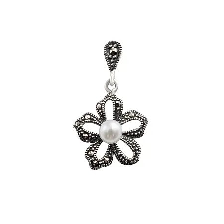 silverline, ασημένιο, μενταγιόν, λουλούδι με πέρλα, μαρκασίτη, άσπρο, επιπλατίνωμα,