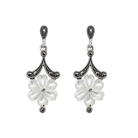 silverline, ασημένια, γυναικεία, σκουλαρίκια, με ορυκτές πέτρες μαρκασίτη & φίλντισι