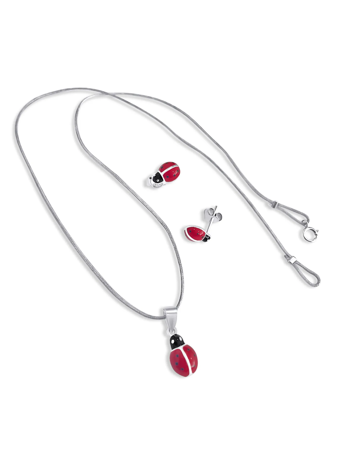 Woofie, ασημένιο, παιδικό, σετ, για, κορίτσια, κολιέ με κόκκινο, βαμβακερό, κορδόνι, μακραμέ και σμάλτο, σκουλαρίκια, πασχαλίτσες με άσπρο, επιπλατίνωμα,