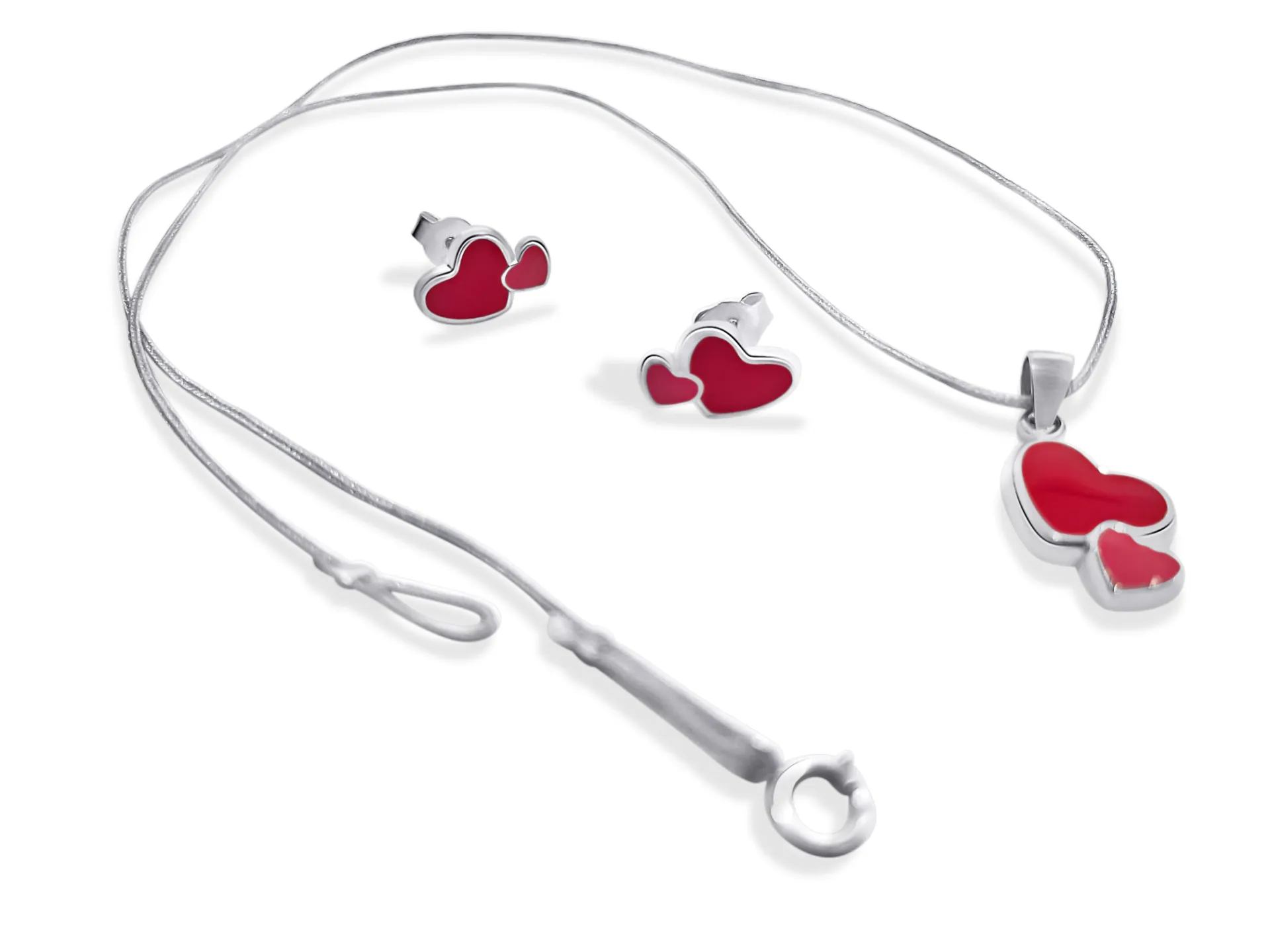 Woofie, ασημένιο, παιδικό, σετ, κολιέ με ροζ, βαμβακερό, κορδόνι, μακραμέ, σκουλαρίκια με σμάλτο, καρδούλες, άσπρο επιπλατίνωμα,