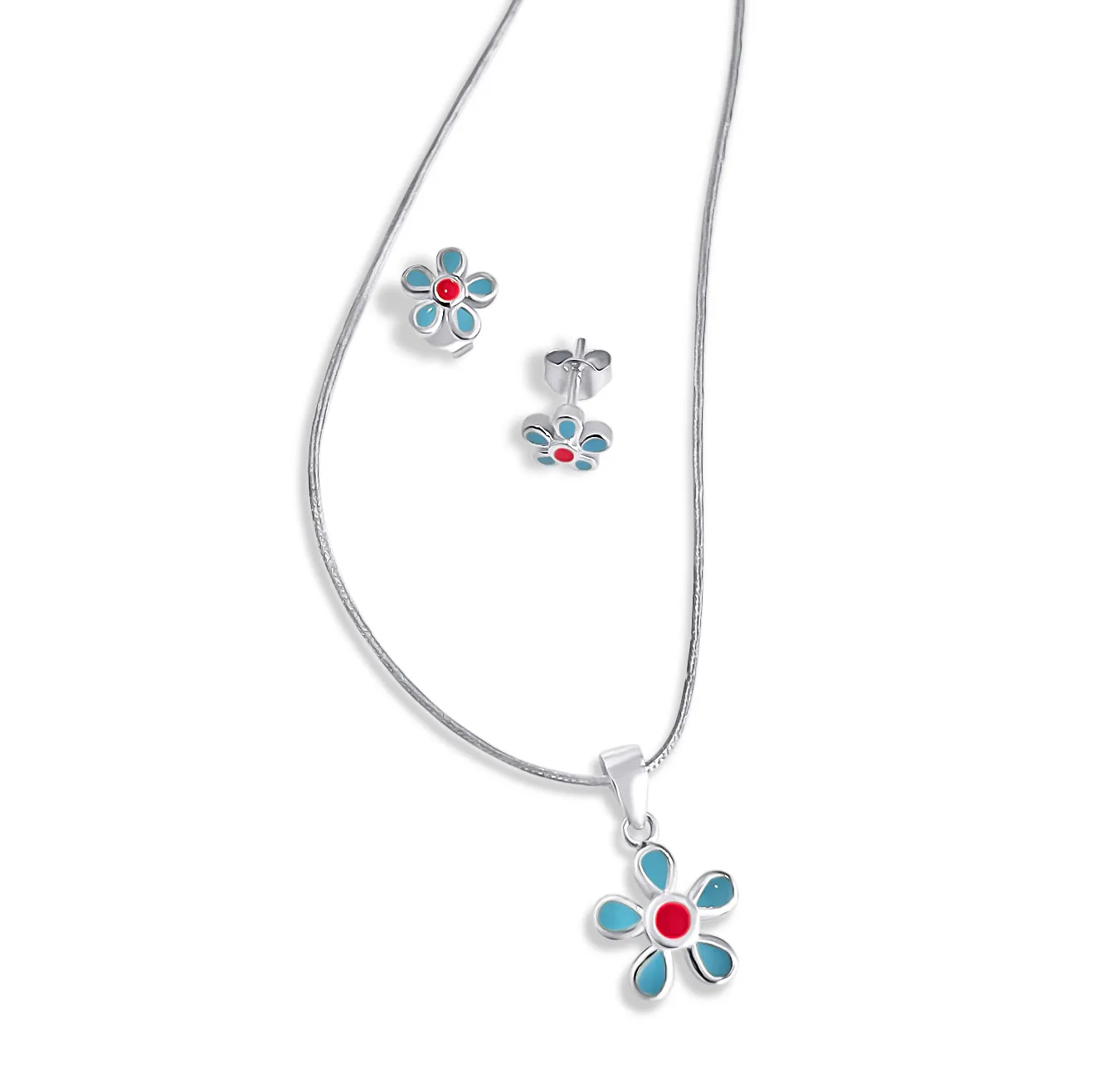 Woofie, ασημένιο, παιδικό, σετ, κολιέ με γαλαζιο, βαμβακερό, κορδόνι, μακραμέ, σκουλαρίκια, με σμάλτο, λουλούδια, άσπρο επιπλατίνωμα,