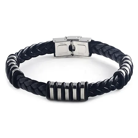 Ανδρικό βραχιόλι από ανοξείδωτο ατσάλι με δέρμα, 21cm,TRIBUTE