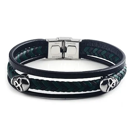 Βραχιόλι ανδρικό με νεκροκεφαλές, δέρμα & ανοξ.ατσάλι, 21cm, TRIBUTE,0230446301