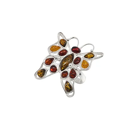 Δαχτυλίδι με πολύχρωμο κεχριμπάρι, πεταλούδα, ασημένιο,γυναικείο,silverline