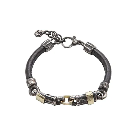 TRIBUTE, αντρικό βραχιόλι με 925 ασήμι, κίτρινο χρυσό 18 καρατίων, δέρμα & μαύρο ρόδιο,0230399101