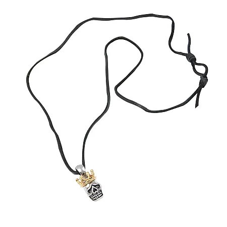 TRIBUTE, ανοξείδωτο ατσάλι, unisex, κολιέ, νεκροκεφαλή με κορώνα με δερμάτινο, κορδόνι,