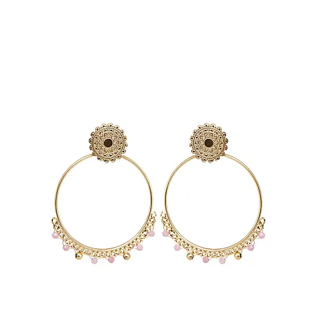 Σκουλαρίκια γυναικεία, κρεμαστά, μεγάλοι κρίκοι, εντυπωσιακοί, από ανοξείδωτο ατσάλι, με κίτρινο επιχρύσωμα, ροδονίτες, καρφωτά, 5εκατ. ύψος, 3,6 εκατ. πλάτος, silverline, 0130551801,