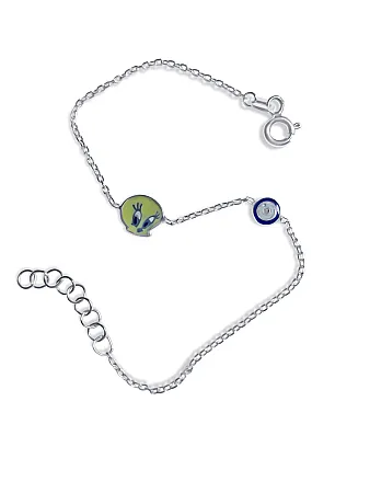 Ασημένιο, παιδικό βραχιόλι για κορίτσια & αγόρια, με σμάλτο, μάτι βασκανίας & καναρίνι & 14,5 εκατοστά μήκος με αλυσίδα επέκτασης 2,4 εκατοστών, woofie, WBRA13 ,