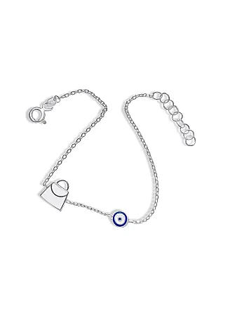 Ασημένιο, παιδικό βραχιόλι για κορίτσια, με σμάλτο, μάτι βασκανίας & λευκό τσαντάκι, 14,5 εκατοστά μήκος με αλυσίδα επέκτασης 2,4 εκατοστών, woofie, WBRA14 ,