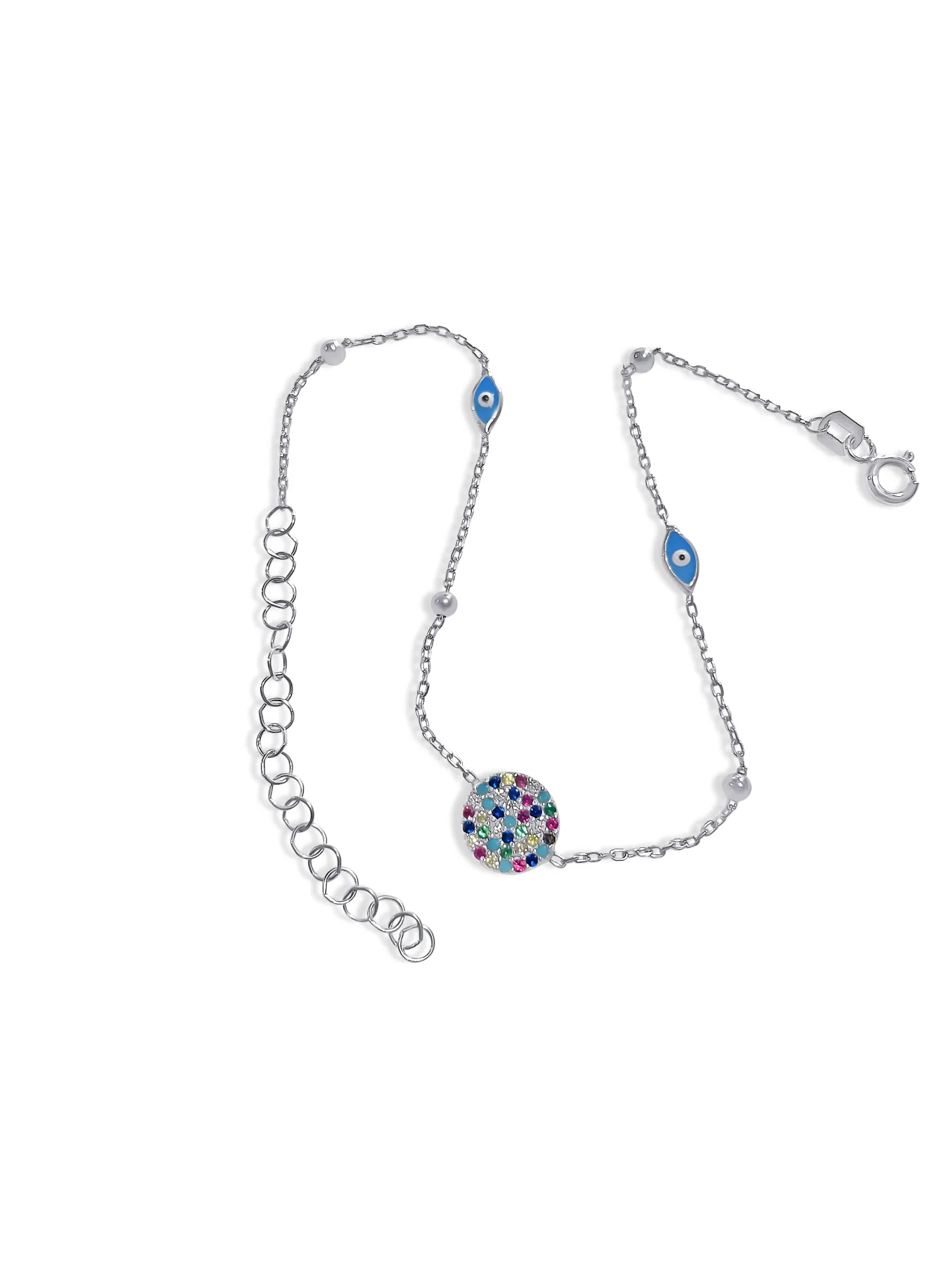 Βραχιόλι, ασημένιο, γυναικείο, με ζιργκόν, μάτι βασκανίας, σμάλτο, 18,5 εκατοστά συν 5 εκατοστά αλυσίδα προέκτασης, silverline, SBRA1,