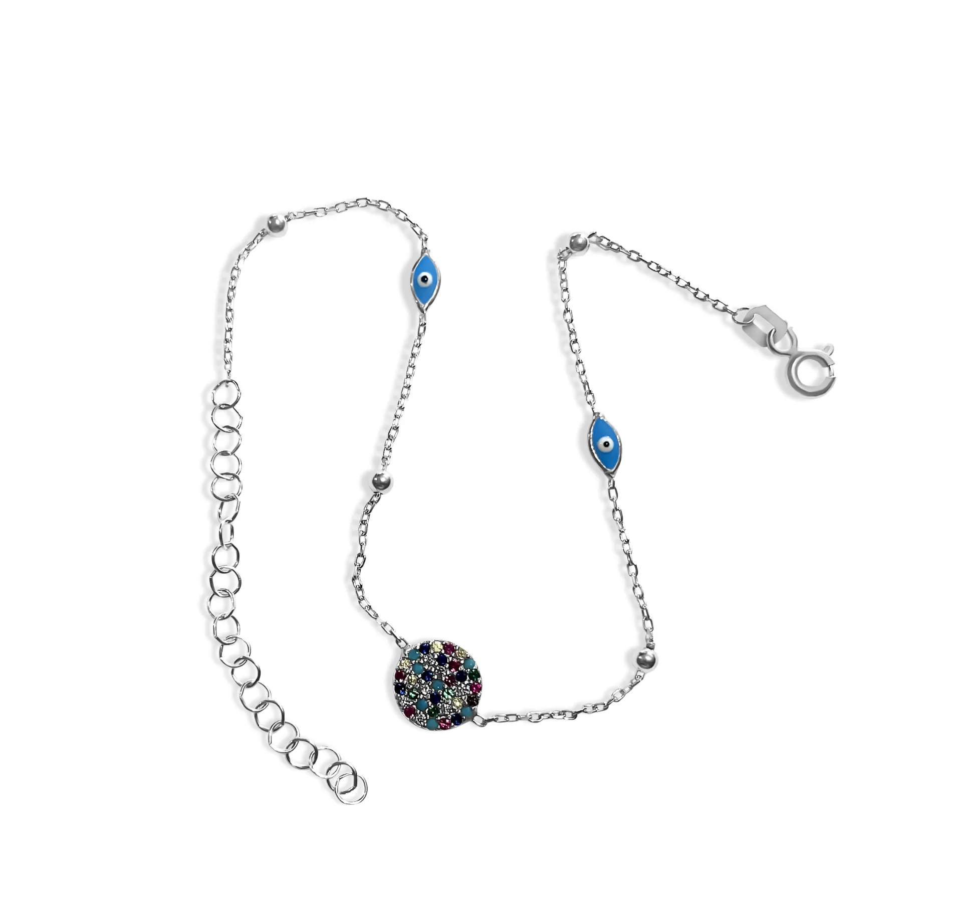 Βραχιόλι, ασημένιο, γυναικείο, με ζιργκόν, μάτι βασκανίας, σμάλτο, 18,5 εκατοστά συν 5 εκατοστά αλυσίδα προέκτασης, silverline, SBRA1,