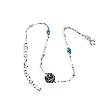 Βραχιόλι, ασημένιο, γυναικείο, με ζιργκόν, μάτι βασκανίας, σμάλτο, 18,5 εκατοστά συν 5 εκατοστά αλυσίδα προέκτασης, silverline, SBRA1,