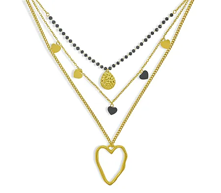 Κολιέ γυναικείο, μακρύ ,από ανοξείδωτο ατσάλι, με κίτρινο επιχρύσωμα, όνυχες & καρδιές, μήκος η πιο κοντή αλυσίδα 52 εκατοστά + αλυσίδα επέκτασης 5 εκατοστών, silverline, 0330353901,