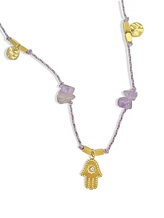 Κολιέ γυναικείο, από ανοξείδωτο ατσάλι, χειροποίητο, με αμέθυστους ,βαμβακερό κορδόνι, χεράκι φατμά & κίτρινο επιχρύσωμα, 42εκατοστά μήκος συν αλυσίδα επέκτασης 5 εκατοστά, silverline, 0330342701